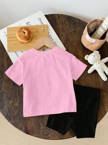 SHEIN 女婴休闲芭蕾舞咖啡杯印花宽松圆领短袖T恤和修身骑行短裤套装，适合春夏穿着 - 彩色 - 查看 3