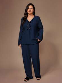 Lazeform Plus Size Women Knitted Ribbed Fleece Bow Decor Ruffle Trim Casual Lounge Set, Long Sleeve Top And Pants - Blue - View 4