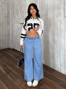 SHEIN PETITE 女士浅蓝色弹力腰直筒宽松休闲百搭牛仔裤 - 藍色 - 查看 6