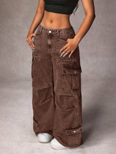 SHEIN ICON Women's Casual Cargo Loose Fit Wide Leg Jeans