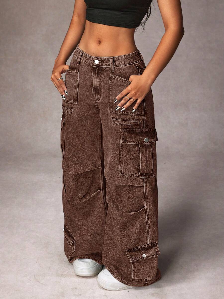 SHEIN ICON 女士休闲工装宽松阔腿牛仔裤 - 咖啡棕 - 查看 1