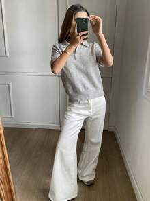 DAZY Áo len dệt kim cổ polo tay ngắn ôm sát màu trơn thanh lịch trang trọng mùa xuân/thu dành cho nữ - Xám - Xem 3