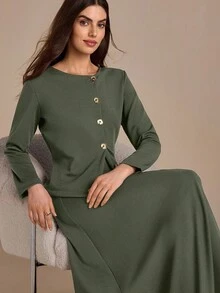 CLARA VERO Women, Autumnn, Long Sleeve, Two Set, Top, Skirt, Split, - Army Green - View 1