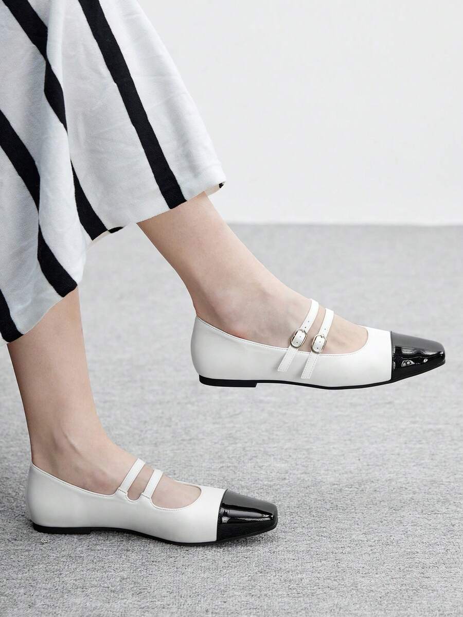 CUCCOO BIZCHIC Women's Pointed Toe Contrast Color Fashionable Flat Shoes For Christmas - Black and White - View 1