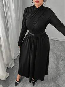 Modelyn 大码女士优雅褶皱腰身A字连衣裙，精致设计，适合高端派对和聚会 - 黑色 - 查看 4