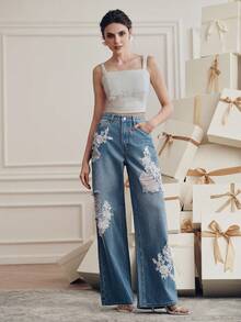 Anewsta Women's Spring/Summer New Romantic Floral Embroidery Ripped Straight Leg Jeans