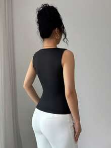 SHEIN Elenzya Áo ba lỗ không tay tối giản màu trơn dành cho nữ, mặc hàng ngày - màu đen - Xem 2