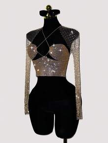 SHEIN PETITE Top corto de red con strass, adecuado para festivales de música, fiestas y reuniones - Champán - Ver 6