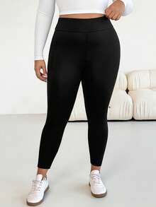 SHEIN Essnce Quần legging nữ cỡ lớn thời trang xuân/hè, co giãn tốt, thoải mái, cơ bản, đa năng, tôn dáng, cạp cao, màu đen có túi, quần nữ, thời trang đường phố, quần ôm dáng, mùa xuân. - màu đen - Xem 8