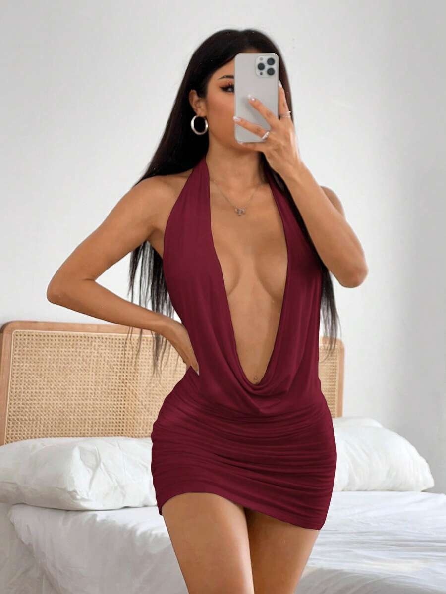 SHEIN EZwear 女士酒红色V领短款休闲连衣裙，夏季派对连衣裙，情人节连衣裙 - 酒紅色 - 查看 1