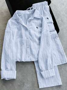 Franclia Women's Casual Striped Embroidered Sun Protection Shirt And Loose Pants 2 Pieces Set, Summer - Blue - View 1