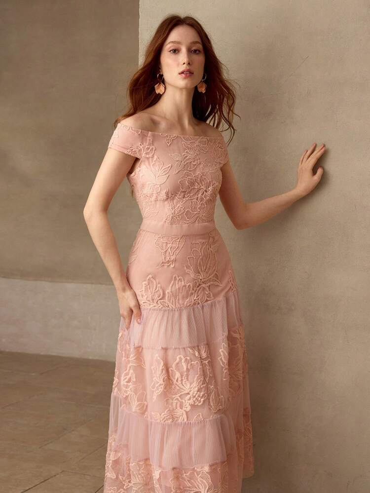 OFF-SHOULDER FLORAL EMBROIDERY MESH PATCHWORK DRESS, SPRING/SUMMER