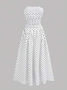 SHEIN Elegante vestito a balze in stile vintage con pois bianchi e neri per ragazze adolescenti - Bianco - Visualizzare 6