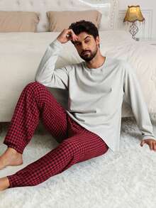 DAZY Solid Color White T-Shirt Paired With Plaid Pants Men's Loungewear Set, Spring/Autumn - Multicolor - View 4