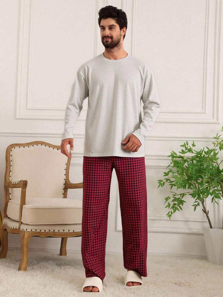 Solid Color White T-Shirt Paired With Plaid Pants Men's Loungewear Set, Spring/Autumn