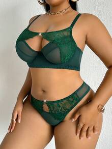 DesireSculpt Plus Size Women Sexy Lingerie Set With Underwire Push-Up Bra And Thong Panty, 2pcs - Green - View 10
