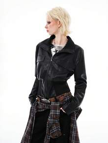 Bloopia Fashionable Versatile Large Pocket Black PU Leather Women Jacket - Black - View 7