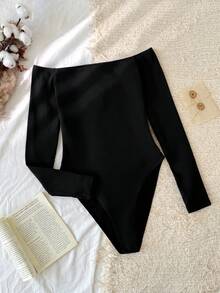 Tseoso 95% 纯棉性感纯色露肩长袖紧身衣，基本款分层单品，全年穿着，适合俱乐部，百搭百搭，秋冬，柔美女孩风格，休闲修身款，非常适合婚礼和秋季衣橱 - 黑色 - 查看 7