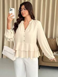 Vionelle Cute Plus Size Apricot Regular Length Blouse Semi-Sheer Notched Neck Tiered Layer Peplum Top With Extra Long Raglan Sleeves - Apricot - View 1
