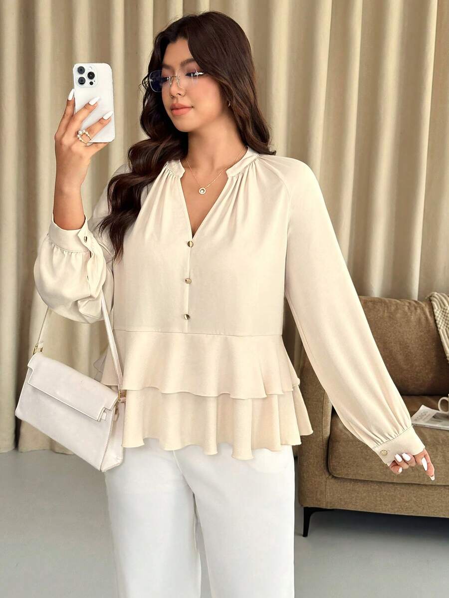Vionelle Cute Plus Size Apricot Regular Length Blouse Semi-Sheer Notched Neck Tiered Layer Peplum Top With Extra Long Raglan Sleeves - Apricot - View 1