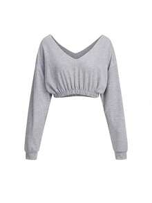INAWLY Áo nỉ dài tay trễ vai màu trơn thời trang cỡ lớn cho nữ - Xám - Xem 5