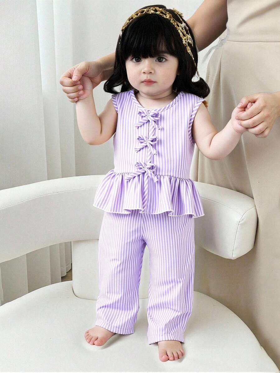 Souflis Souflis 2件套女婴幼儿/新生儿0-3岁春夏紫色休闲甜美日常度假条纹编织无袖上衣和阔腿裤两件套 - 紫色 - 查看 1