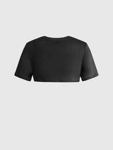 Black Jack X ROMWE 2pcs Black Jack Graphic Print Music Festival Streetwear Wireless Bra & Short Sleeve Tee Set For Women - Black and White - View 8