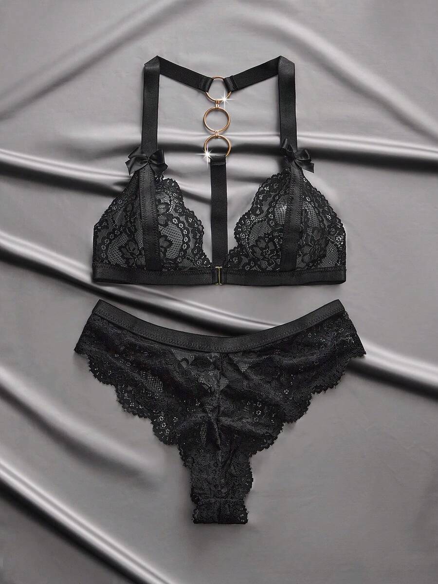Black Lace Backless Metal Clasp Front Open Sexy Lingerie Set For Women
