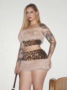 Arliah 女士性感豹纹亮片拼接蓬松抹胸和低腰短裙套装 - 彩色 - 查看 3