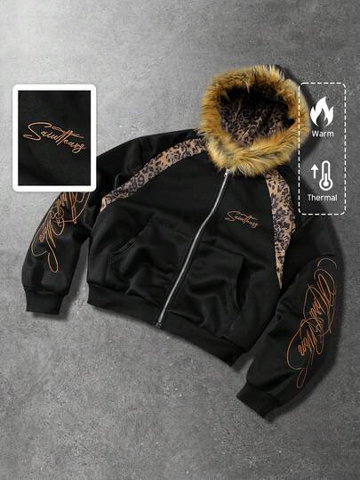 Sudadera con capucha de estampado de leopardo y parches para hombre, estilo callejero casual americano para otoño/invierno