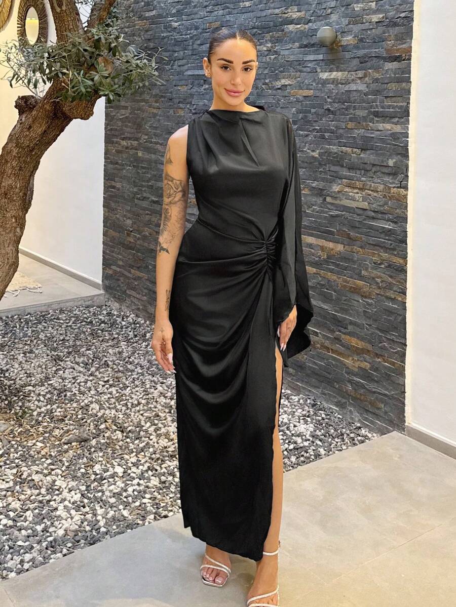 Mélanie ORL Rochie elegantă pentru femei, cu mânecă lungă, plisată, asimetrică, de culoare uni, cu crăpături laterale