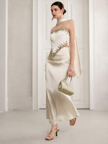 Elenzga Women's Elegant Autumn/Winter Ruffle Patchwork Bandeau Top And Asymmetrical Hem Fishtail Skirt 2 Pieces Set - Multicolor - View 4