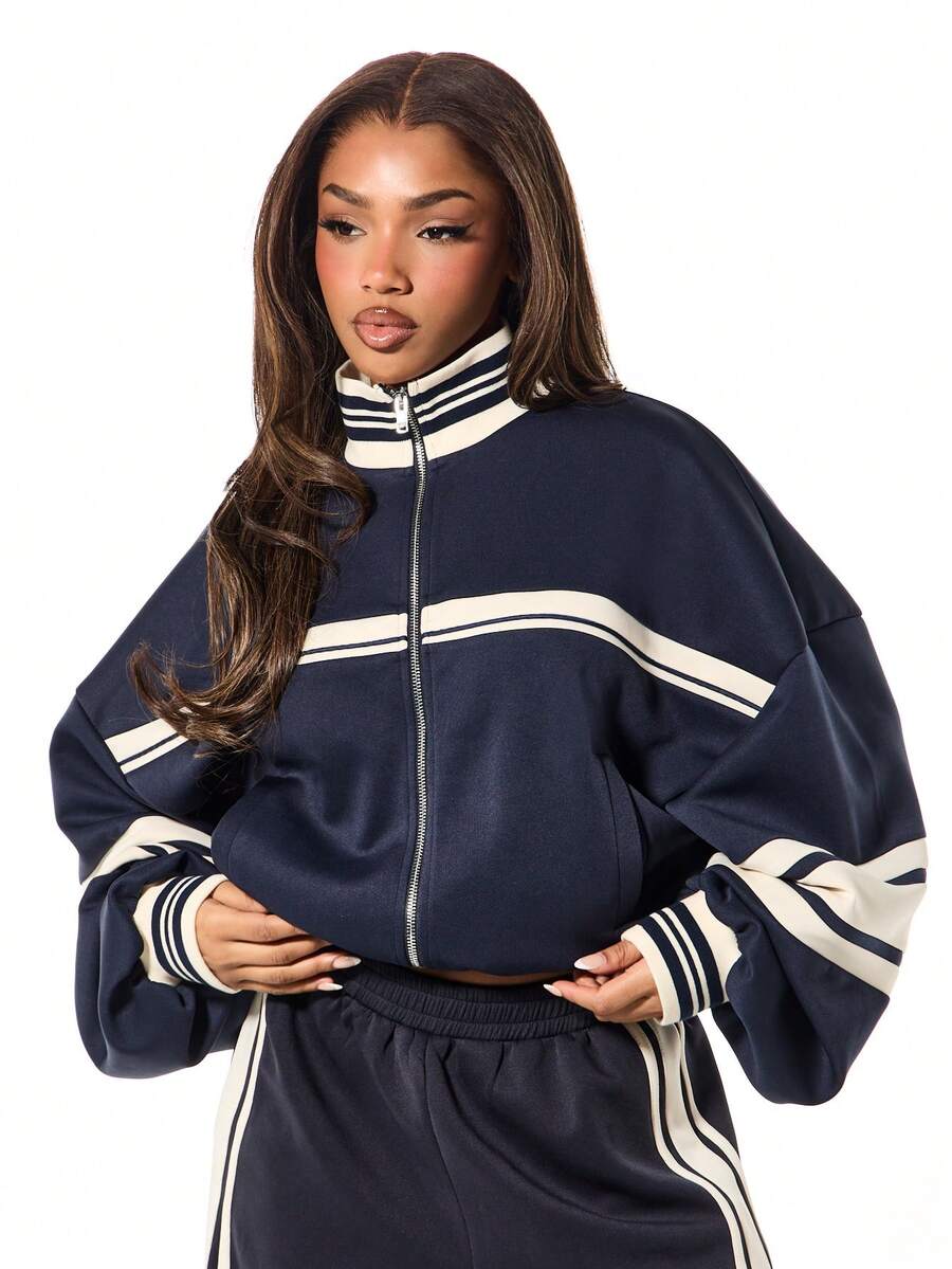 SUMWON WOMEN Oversized Boxy Zip Through Contrast Striped Track Top With Long Sleeves And Ribbed Collar Navy Casual Sweatshirt Jacket - Royal Blue - View 1