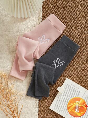 Genkimix Kids 2 st flickleggings, hjärtbroderat mönster, sammetstyg, varma och bekväma, lämpliga för vardagsbruk, höst/vinter