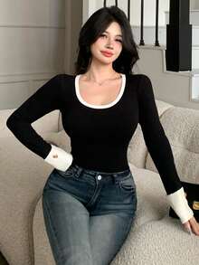 DAZY Camiseta casual ajustada de mujer con cuello redondo, mangas raglán y ribete de contraste - Negro - Ver 7
