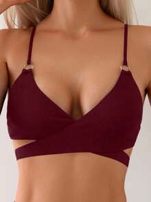 Swim Basics Women's Solid Color Spaghetti Strap Sexy Bikini Swimwear Set, Summer Beach Burgundy Purple - Burgundy - View 4