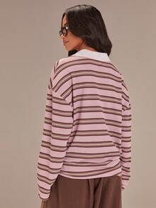 Athîral 女士休闲条纹衬衫，翻领，拼接长袖，适合春季和情人节穿着 - 粉色 - 查看 5