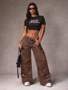 SHEIN ICON 女士休闲工装宽松阔腿牛仔裤 - 咖啡棕 - 查看 3