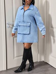 Slaydiva Fashionable Casual Zip-Up Half-Placket Long Sleeve Denim Dress For Women