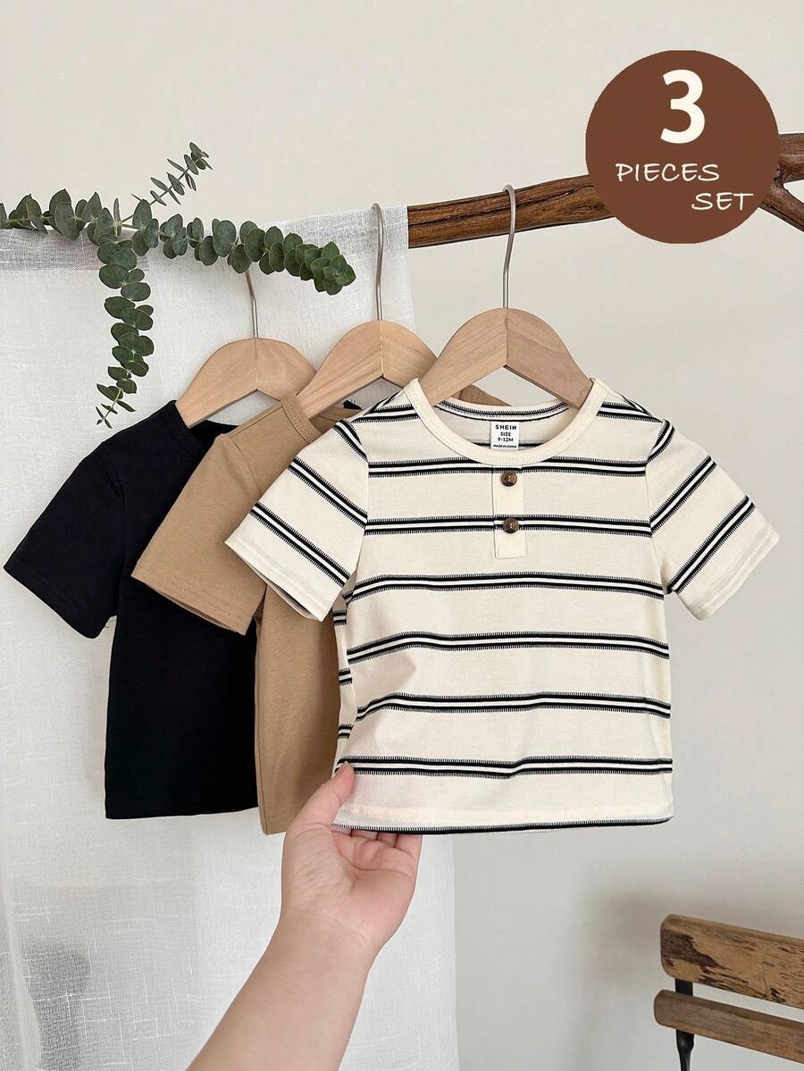 LMoss Kids LMoss 3pcs Baby Boy Knitted Solid Striped Crew Neck Top Set,Buy One Get Two Free, Stylish And Versatile.Casual Striped Pattern - Multicolor - View 1