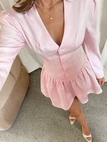 Aloruh 女士优雅深V领褶皱A字衬衫裙，浅粉色，适合情人节约会 - 淺粉色 - 查看 5