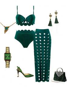 Swim Oasis 3 Stücke/Set Sommer Neue Damen Strandoutfits, Bandeau Push-Up & Raffung einfarbiger Bikini-Top, hochgeschnittene Bikinihose, hoch geschlitztes besticktes langes Strandkleid, Badeanzug-Set für den Urlaub