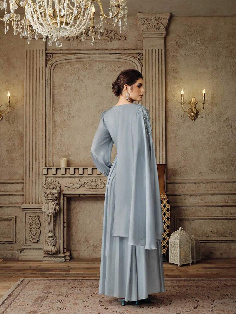 Women's Elegant Long Satin A-Line Pleated Dress, Blue Color, Long Sleeve, Formal Occasion Gown