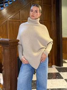 Bethéva 女士新款露肩裹身长款毛衣，乳白色，秋冬 - 米色 - 查看 5