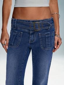 TRNVIE 女士低腰时尚百搭喇叭裤 - 藍色 - 查看 5