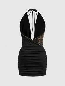 ROMWE J-Fashion Đầm mini buộc dây đính đinh tán cổ khoét sâu họa tiết Millennium Babe gợi cảm dành cho nữ - màu đen - Xem 2