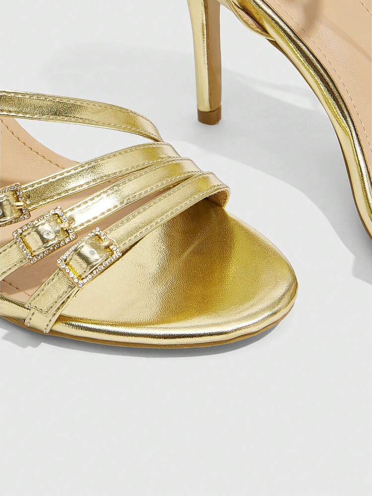 CUCCOO SZL Fashionable European & American Style Gold Single Strap Buckle Decor Peep Toe Thin Heel High Heel Sandals