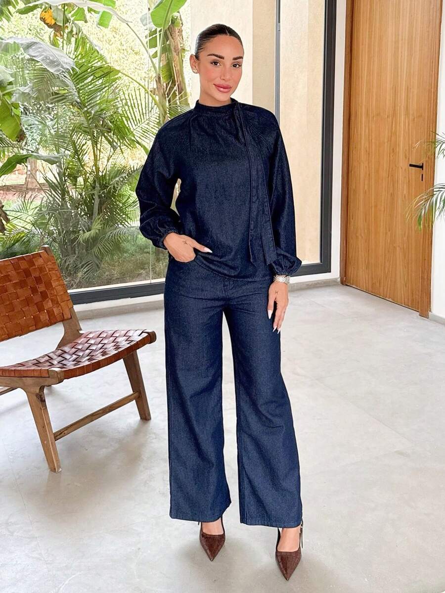 Mélanie ORL Bộ áo dài tay buộc dây phía trước mùa hè và quần denim thường ngày cho nữ - Màu xanh lam - Xem 1