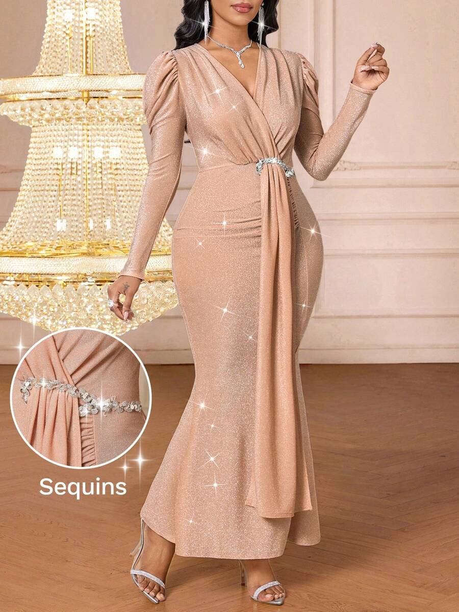 SHEIN Lady Đầm dài ren ánh kim màu sâm panh thanh lịch dành cho nữ, thích hợp dự tiệc - Rượu sâm banh - Xem 1