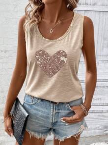 SHEIN LUNE Summer Casual Heart Printed Contrast Trim Tank Top Graphic Tees Women Tops - Khaki - View 4